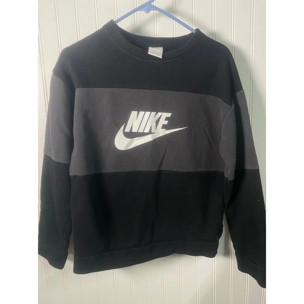 Nike Boys Sweatshirt Kids Large Black Gray Colorblock Pullover Logo Preowned‎